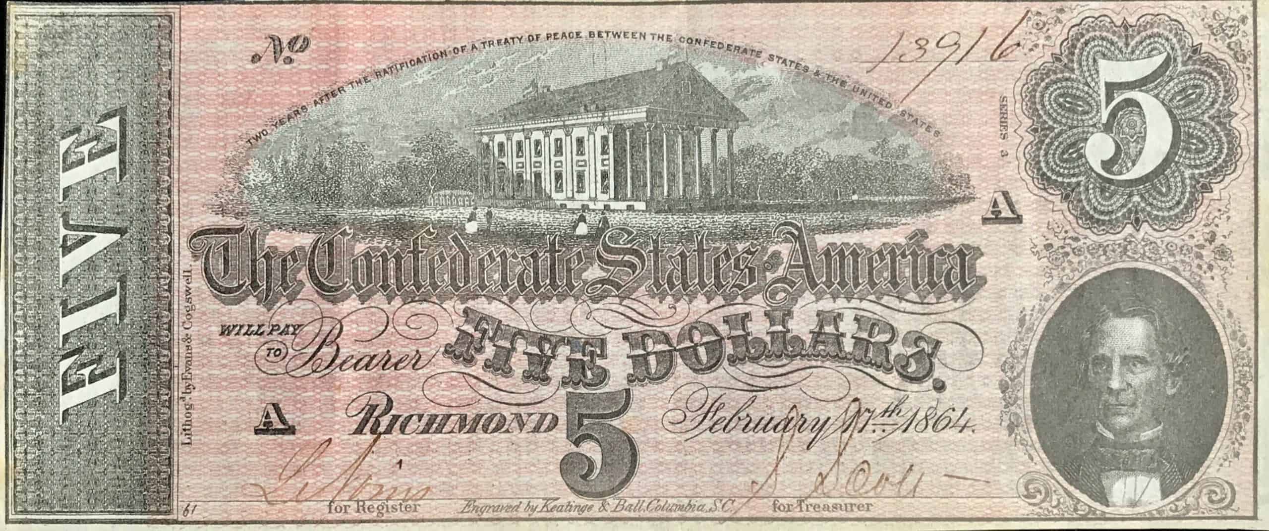 Uncirculated 1864 Confederate $5.00 Note - Certified