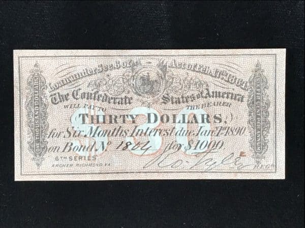 Original Civil War Confederate Bond Coupon Note 1864 Certified By The Gettysburg Museum of History