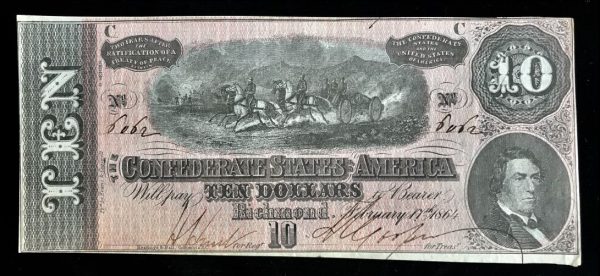 Original Un-Circulated Confederate $10.00 Note 1864 (Confederate Money) Certified By The Gettysburg Museum Of History