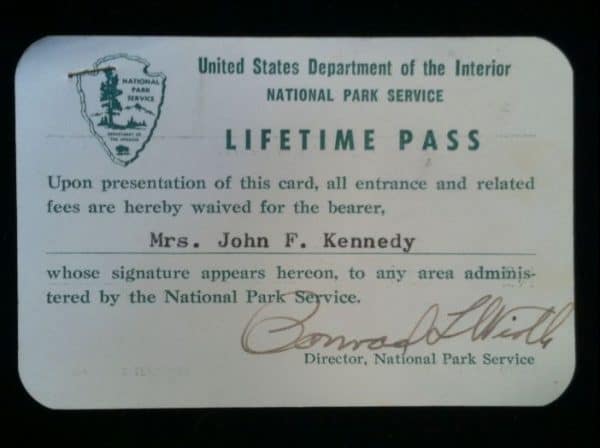 Jackie Kennedy's Personally Owned National Park Service Lifetime Pass Issued Just After The Assassination 11/26/63