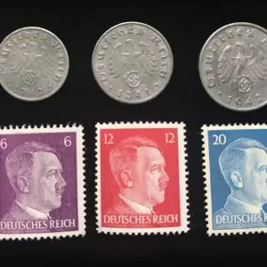 Authentic WWII Era German Nazi 3 Stamp And 3 Coin Set Certified By The Gettysburg Museum Of History