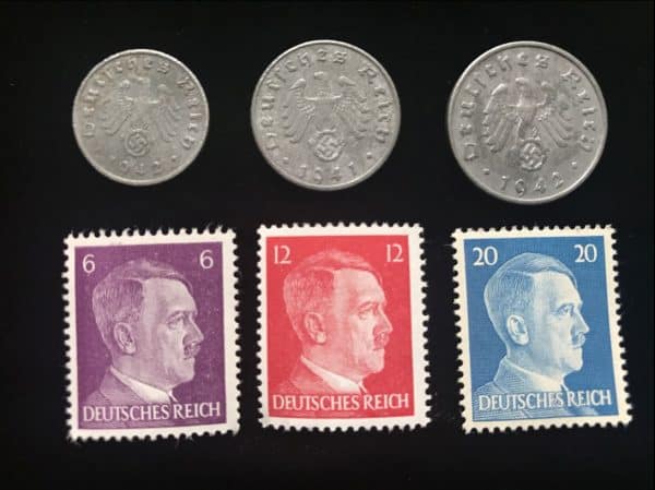Authentic WWII Era German Nazi 3 Stamp And 3 Coin Set Certified By The Gettysburg Museum Of History