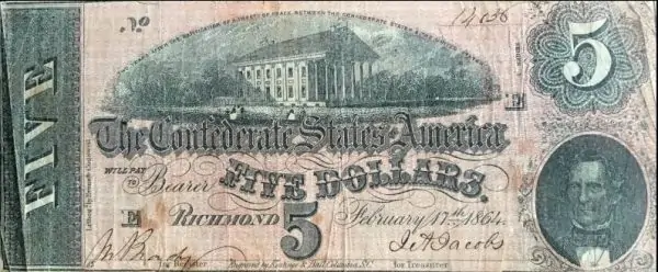 Authentic Civil War Confederate Money, $5 Note Standard Grade Certified By The Gettysburg Museum Of History