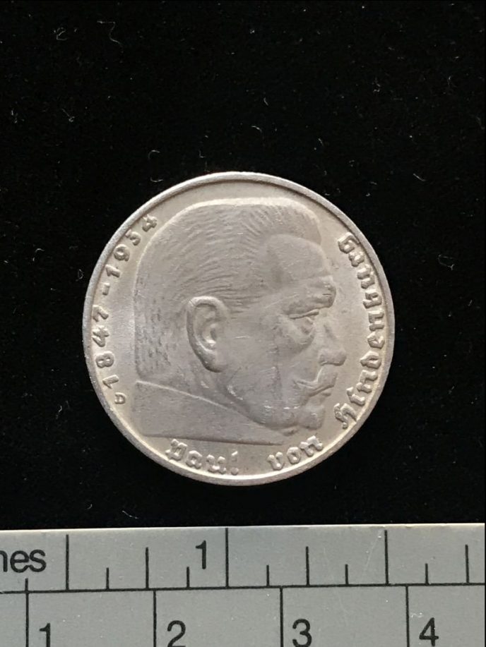 Original WWII German 2 Mark Nazi silver coin with Hindenburg and national eagle, front view