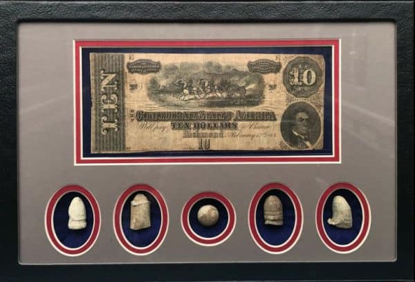 Authentic Confederate Money & Civil War Bullets Display In Collectors Glass Case Certified By The Gettysburg Museum Of History