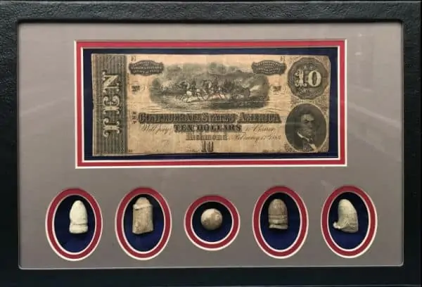 Authentic Confederate Money & Civil War Bullets Display In Collectors Glass Case Certified By The Gettysburg Museum Of History