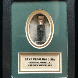 A Vial Of Black Sand From Iwo Jima Plus WWII Marine Camo In Collector's Glass Case