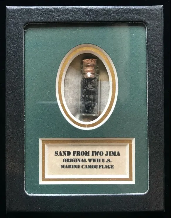 A Vial Of Black Sand From Iwo Jima Plus WWII Marine Camo In Collector's Glass Case