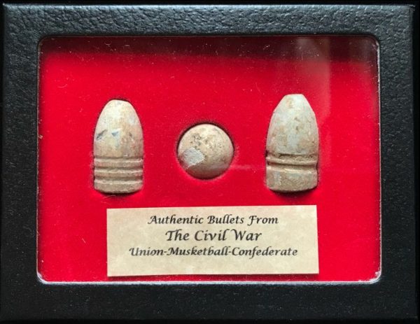 Three Authentic Bullets from the Civil War Union, Musket Ball, Confederate In Collector's Glass Case