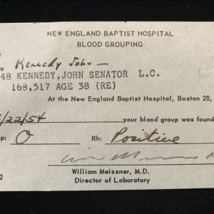 John F. Kennedy's Original Personally Owned Blood Type Card