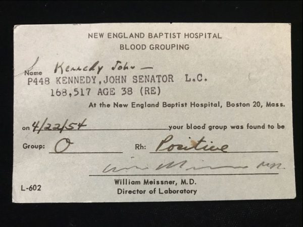 John F. Kennedy's Original Personally Owned Blood Type Card