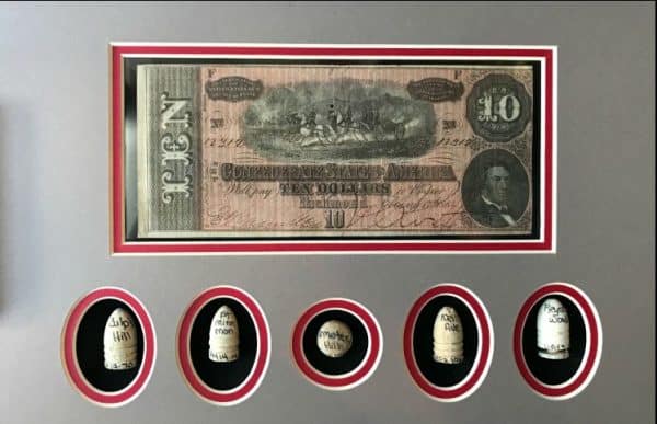 Authentic Confederate Money With Bullets From The Battle Of Gettysburg In Collectorâ€™s Glass Case