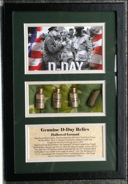 Genuine D-Day Relics â€“ Hallowed Ground Omaha Beach, Pointe Du Hoc, Utah Beach, Plus Airborne Relic In Collector's Glass Case
