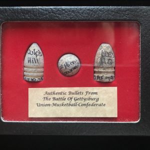 Original Gettysburg Battlefield Bullet Set With Confederate Bullet In Collectors Glass Case