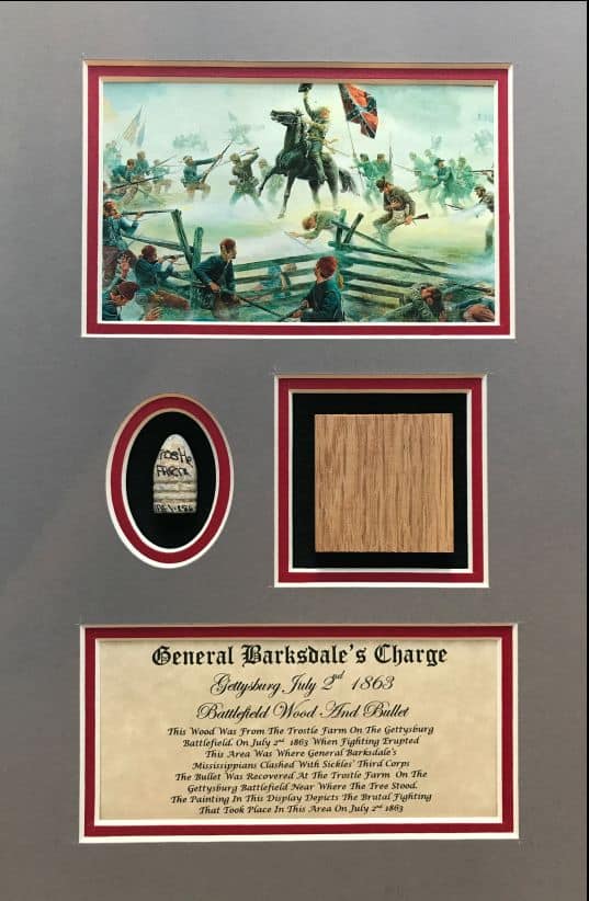 General Barksdaleâ€™s Charge Battlefield Wood and Bullet Display Battle Of Gettysburg In Collectors Glass Case