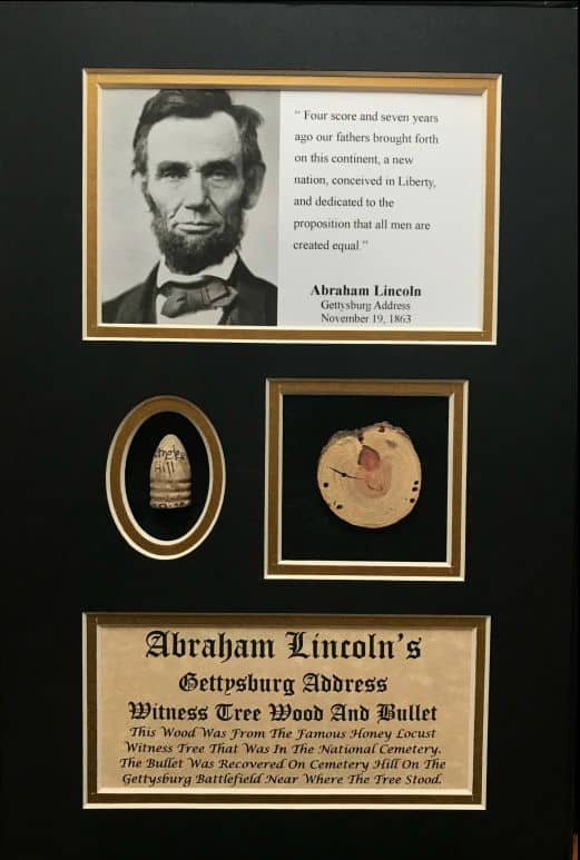 Lincolnâ€™s Gettysburg Address Historic Witness Wood And Authentic Bullet Display In Collectorâ€™s Glass Case