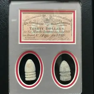 Authentic Confederate Bond Note And Civil War Bullets Display In Collectorâ€™s Glass Case
