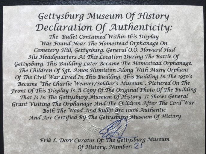 Howard Bullet for Sale from Civil War Orphanage Gettysburg Battle Site