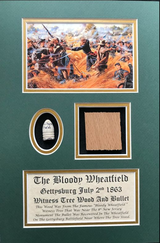 Bloody Wheatfield Witness Wood And Bullet Display. Gettysburg, Irish Brigade In Collectors Glass Case Certified