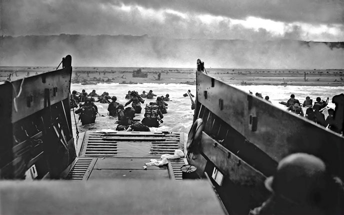 Omaha Beach with barrage balloons during D-Day landings