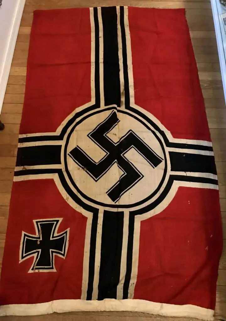 Large WWII German NSDAP national war flag, captured by a U.S. veteran, on display at the Gettysburg Museum of History