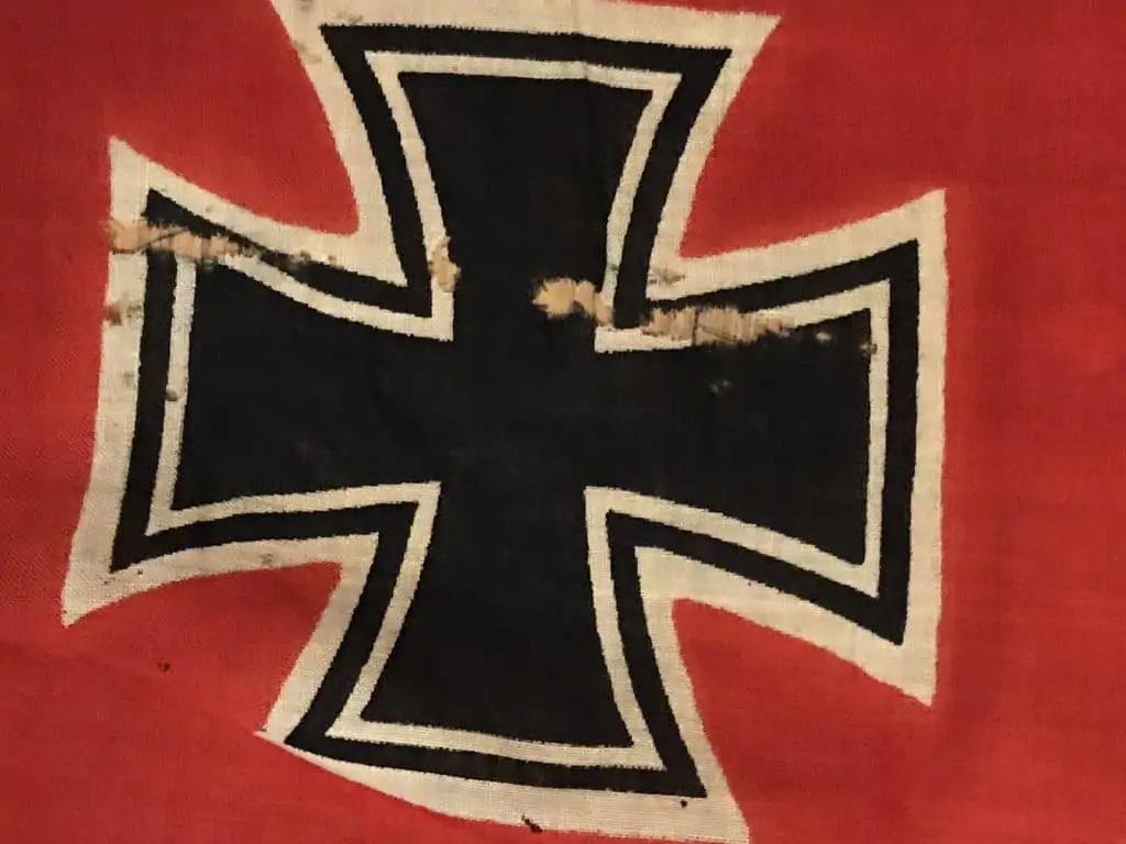 Detailed view of a WWII-era Reichskriegsflagge, a German national war flag brought home by a U.S. veteran