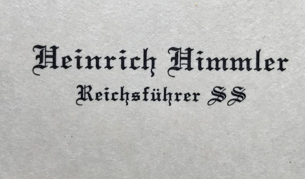 Heinrich Himmler calling card, an artifact liberated from Himmler's house after WWII, representing personal items of Nazi leadership.