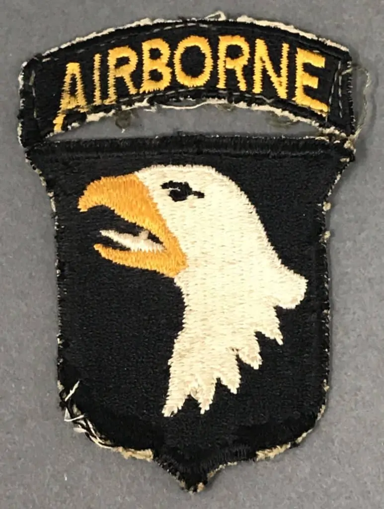 Close-up of the U.S. 101st Airborne Screaming Eagle patch showing stitching details