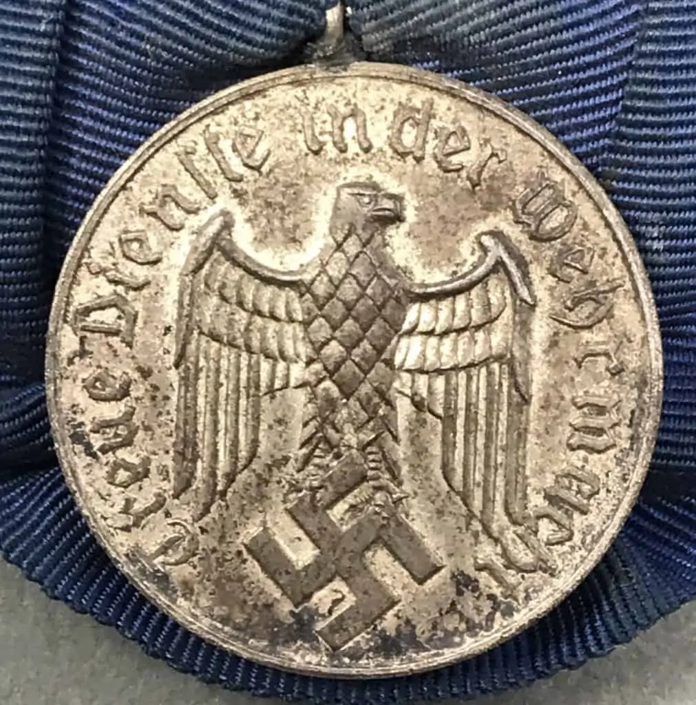 Back view of the German Wehrmacht Long Service Medal showing the ribbon attachment