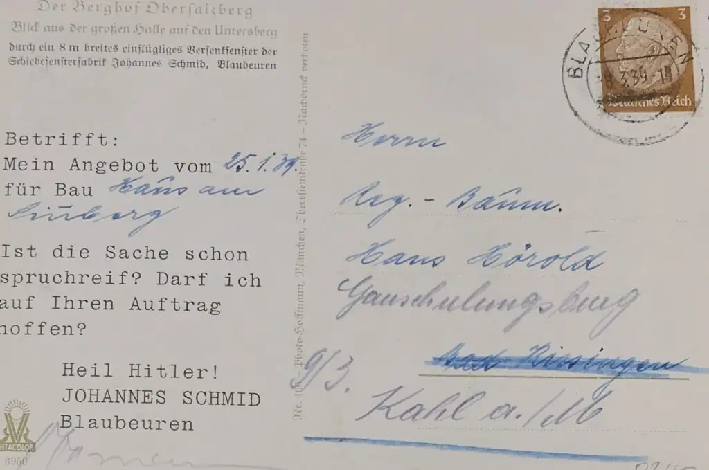 Close-up view of the 1930s Hoffman color postcard of Adolf Hitler's Berghof, certified by Gettysburg Museum