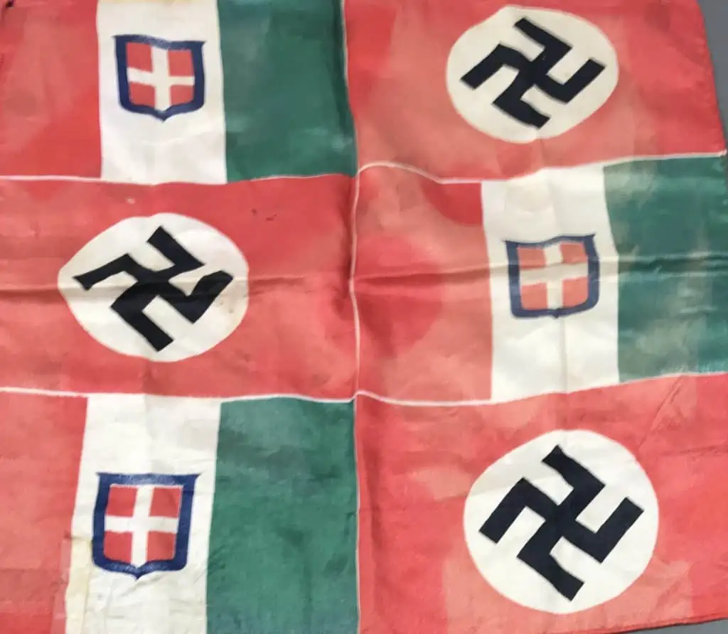 Detailed view of Mussolini-era alliance flag between Italy and Germany