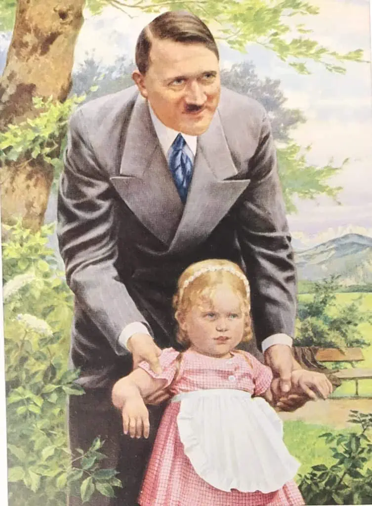 Back view of 1930s Adolf Hitler color photo postcard, certified by Gettysburg Museum