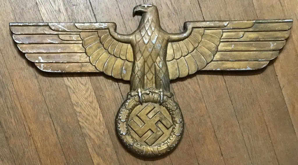 Side view of WWII German 24 inch railroad eagle showing the mounting holes
