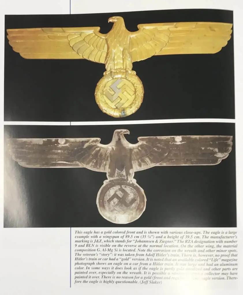 Front view of the WWII German 24 inch railroad eagle, showing swastika emblem