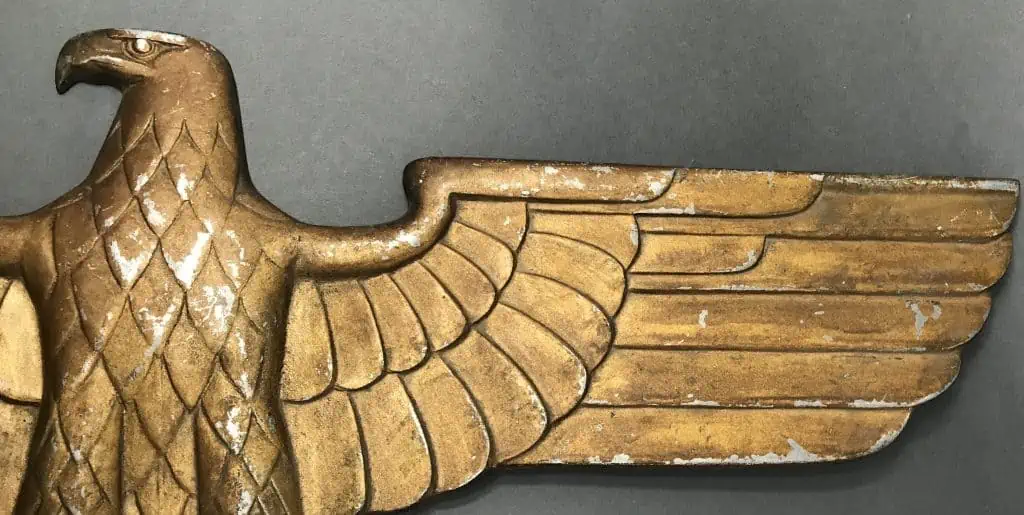 Back view of the WWII German railroad eagle showing aging and wear