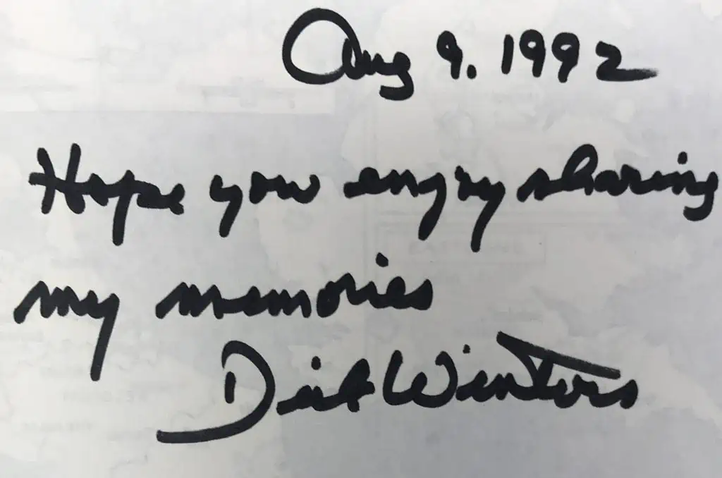 Inside cover of the 'Band of Brothers' first edition signed by Major Dick Winters, part of the Gettysburg Museum collection
