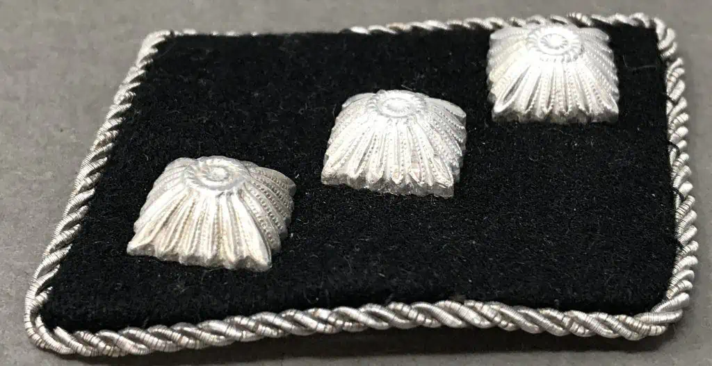 Detailed image of Waffen-SS officer collar tab in display