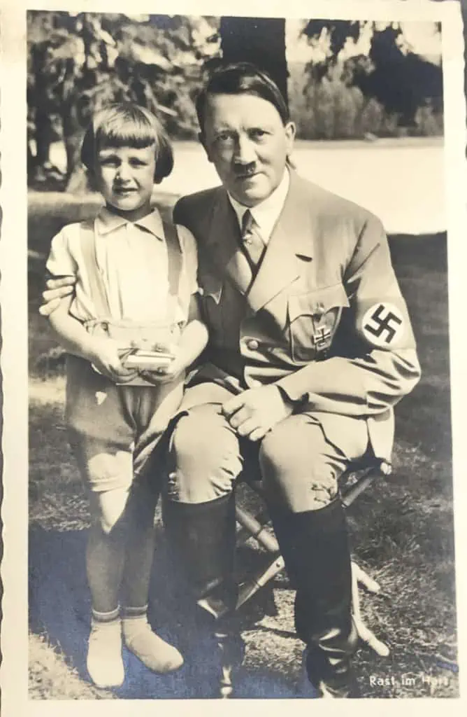 Back of Adolf Hitler with young fan photo postcard, showing Hoffmann's details, circa 1936