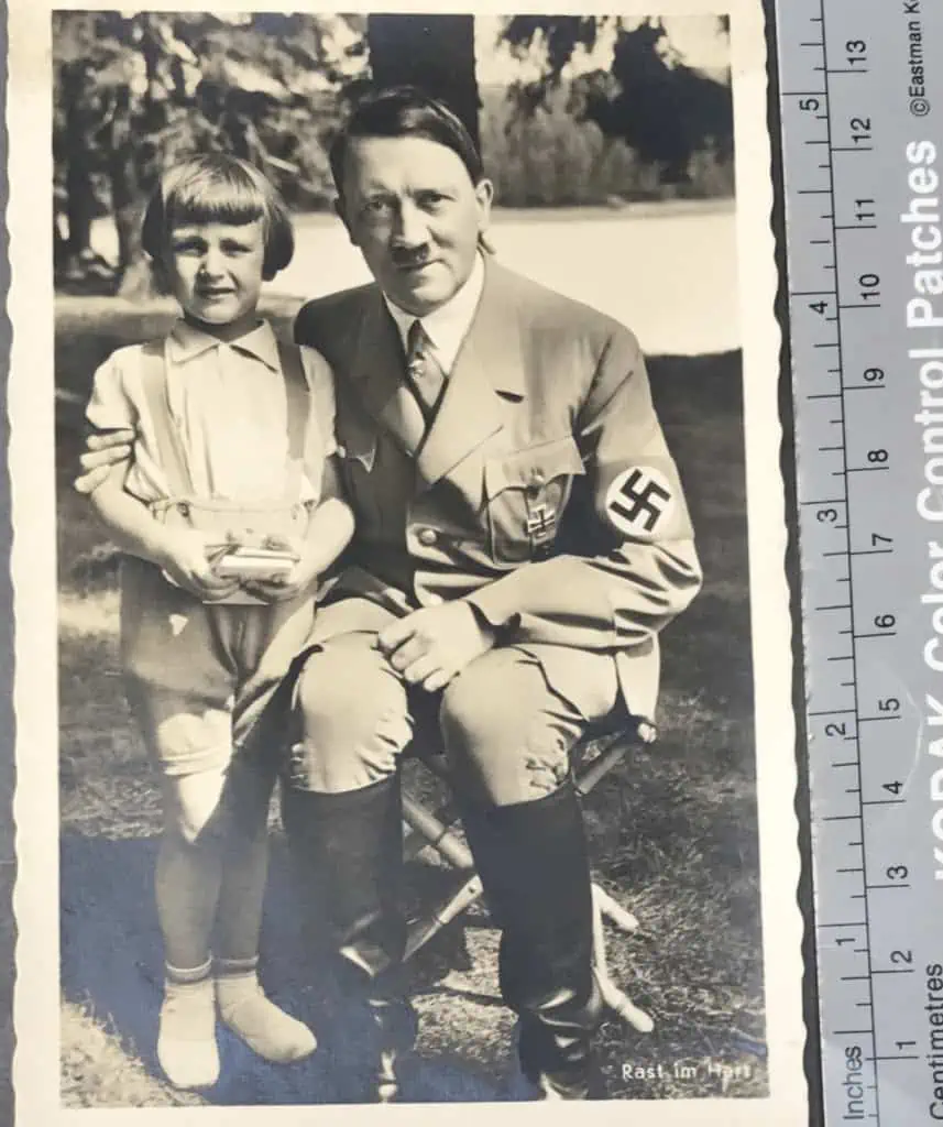 Original classic Adolf Hitler with young fan photo postcard by Hoffmann, circa 1936, front view