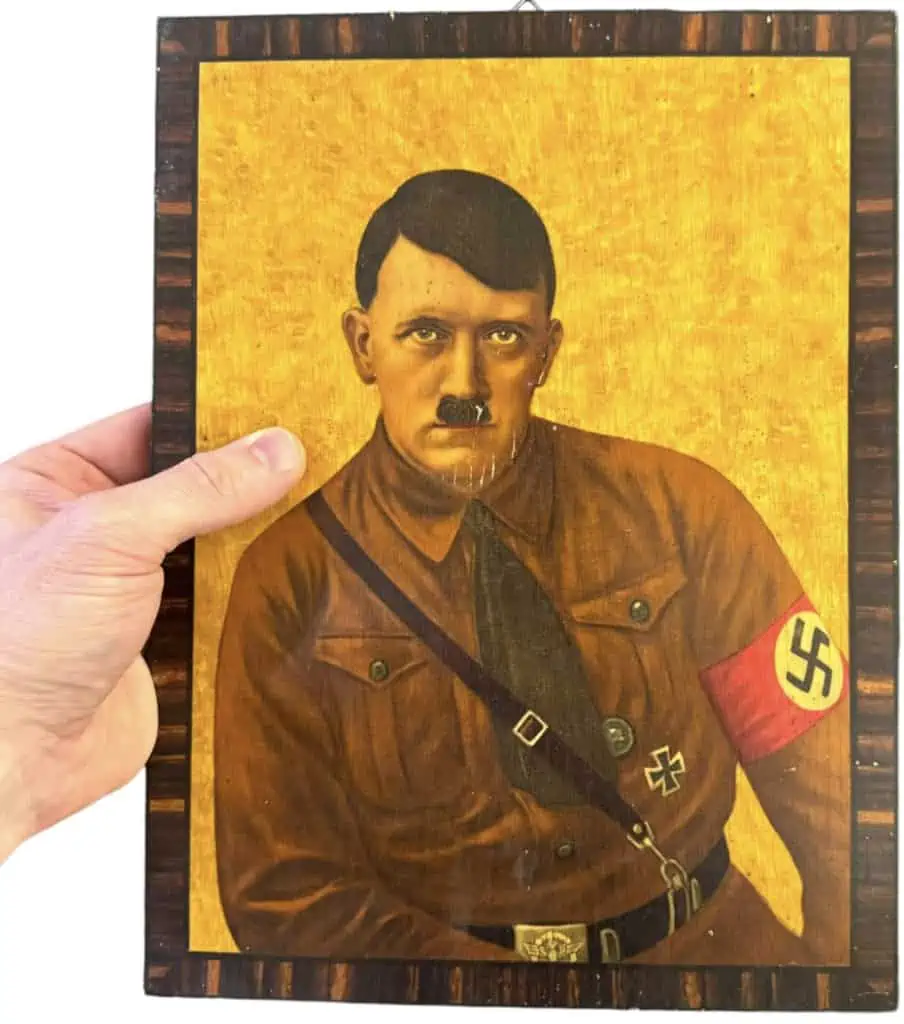 Close-up of wooden frame and finish of Adolf Hitler color portrait