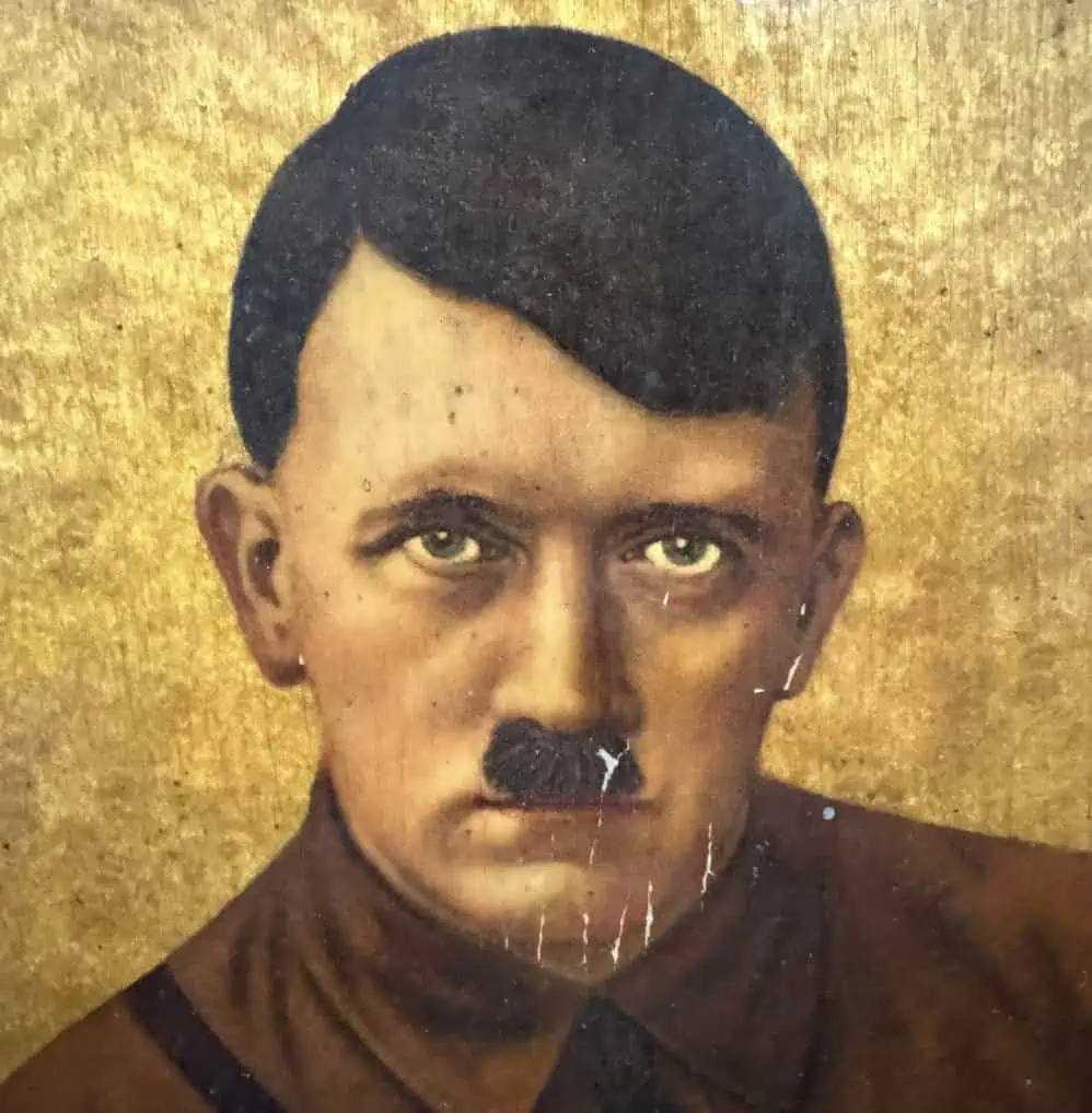 Full view of Adolf Hitler color portrait on wood, showing detailed frame