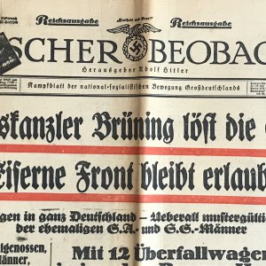 VERY RARE Original German NSDAP (NAZI PARTY) “VOLKISCHER BEOBACHTER” NEWSPAPER. (Zeitung) Certified