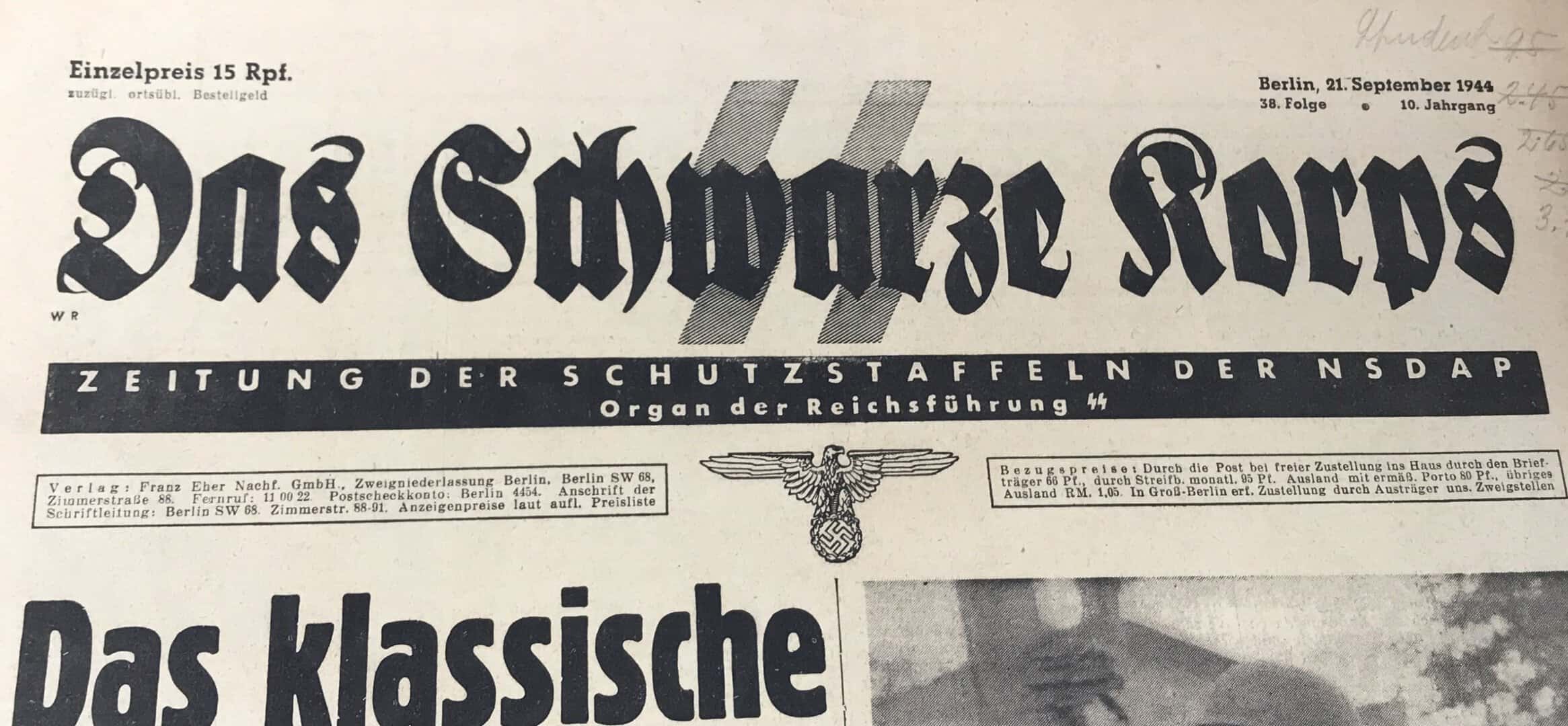 Certified Nazi SS Das Schwarze Korps Newspaper 1944