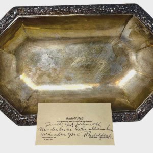 VERY RARE historically significant silver calling card tray, gifted by Rudolf Hess to Richard Suchenwirth for Christmas in 1934 Certified