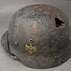 Original WWII German ARMY (HEER) Battle Damaged M35 Double DECAL RELIC HELMET. (Stahlhelm M35) From The Eastern Front Certified