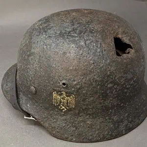 Original WWII German ARMY (HEER) Battle Damaged M35 Double DECAL RELIC HELMET. (Stahlhelm M35) From The Eastern Front Certified
