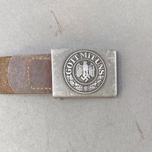 Original WWII German Combat Used Heer (Army) Belt Buckle With Leather Tab Certified